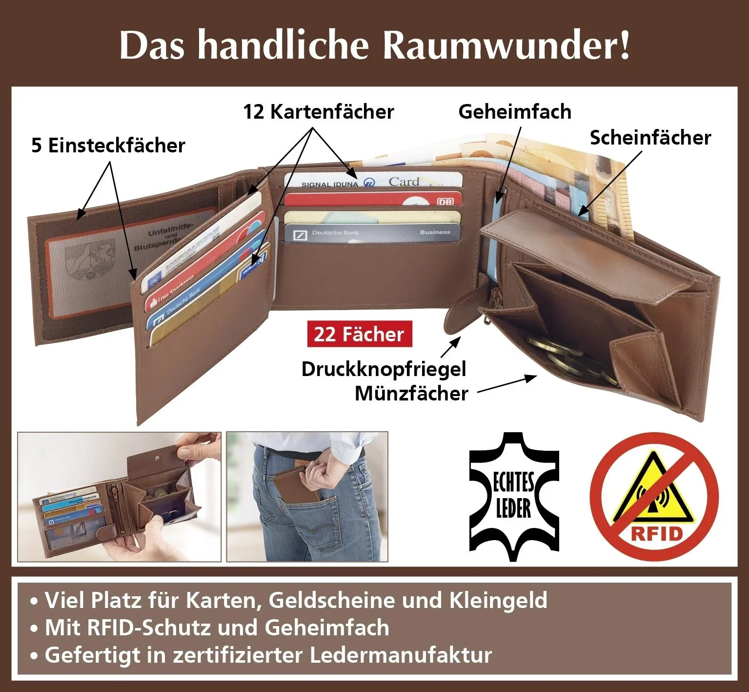 Kombi-Geldbörse "Chevirex", 12 x 9 x 2,5 cm, Echtleder, Braun - 3