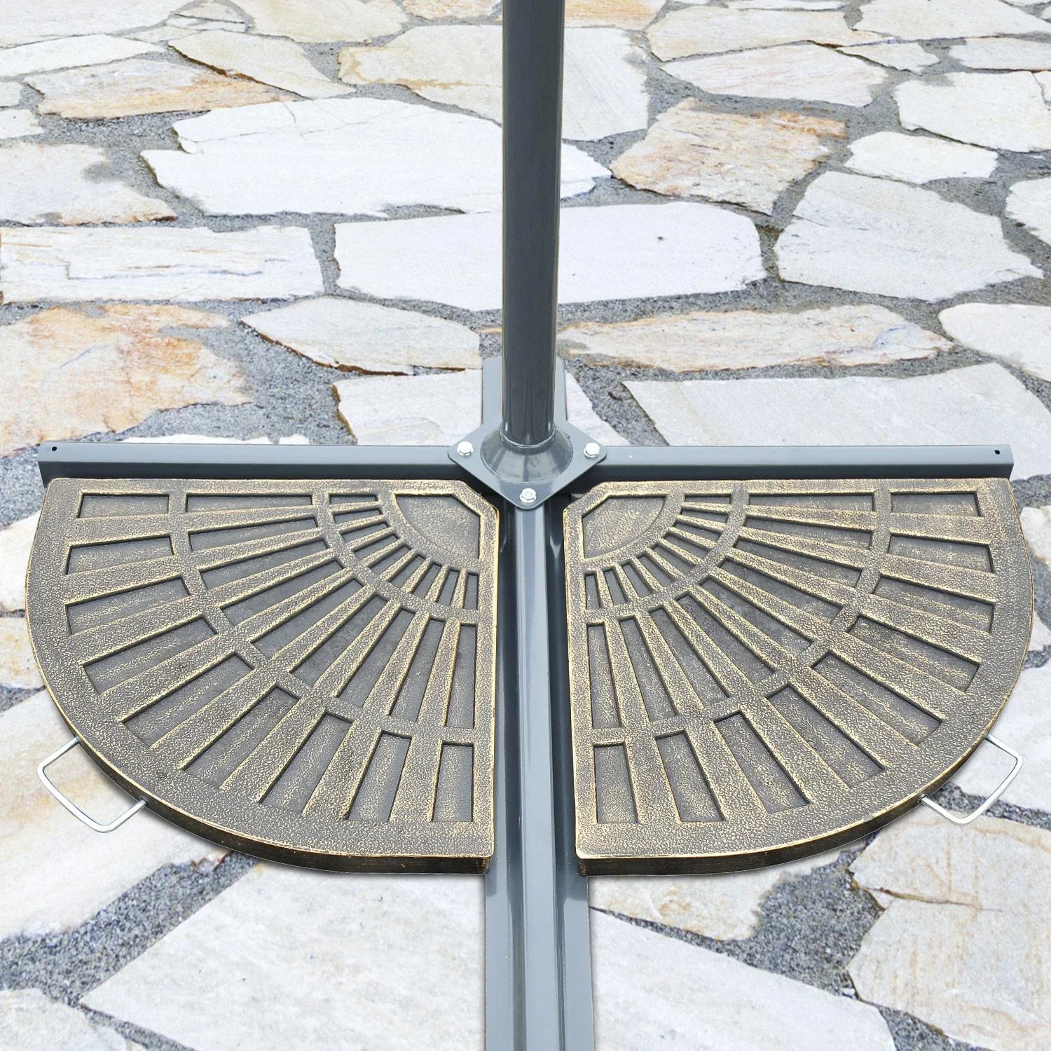 2 tlg, Sonnenschirmständer Platten-Schirmständer Schirmständer halbrund abnehmbar Handgriff mit Harz Bronze 30 kg - 0