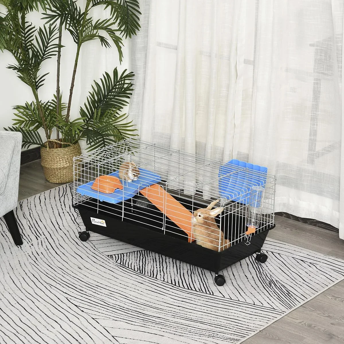 Kleintierkäfig, Nagerkäfig Rollbar, Starter-Set mit allem Zubehör, Stahl+PP+Nylon, Schwarz, 89x44x43 cm - 0