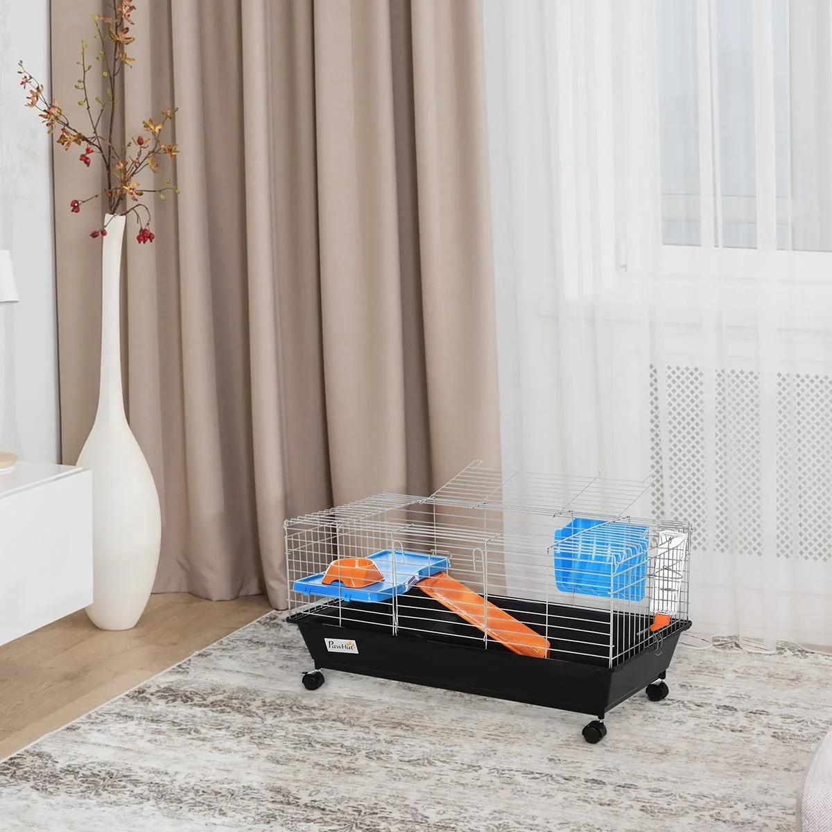 Kleintierkäfig, Nagerkäfig Rollbar, Starter-Set mit allem Zubehör, Stahl+PP+Nylon, Schwarz, 89x44x43 cm - 1