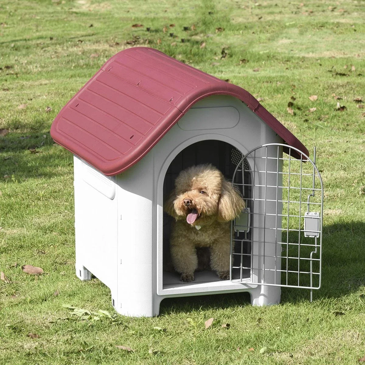 Hundehütte Outdoor Hundehaus mit Dachluke Tor Unterschlupf für kleine Hunde Luftzirkulation Metall PP Rot+Hellgrau 59 x - 0