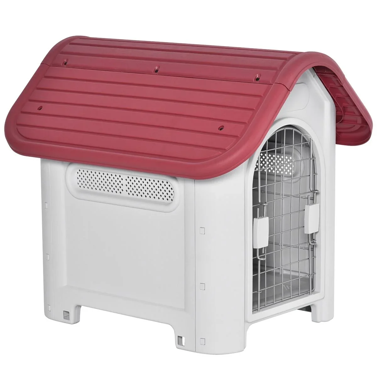 Hundehütte Outdoor Hundehaus mit Dachluke Tor Unterschlupf für kleine Hunde Luftzirkulation Metall PP Rot+Hellgrau 59 x - 1