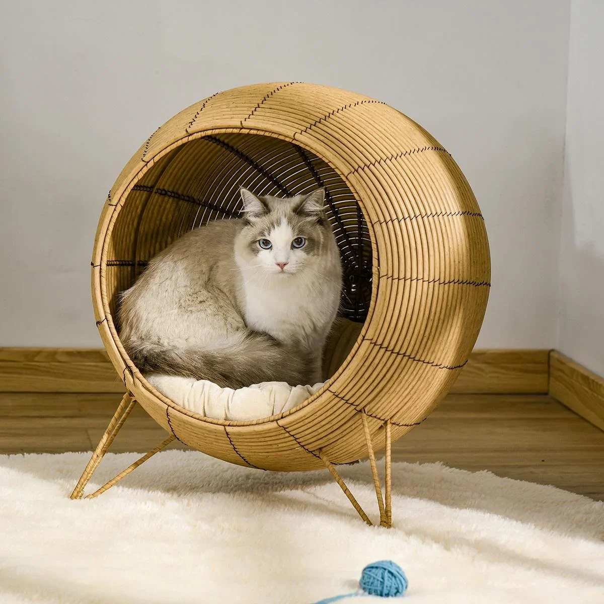 Rattan Katzenhöhle Katzenhaus mit Kissen und erhöhten Füßen PE-Rattan Hellbraun Ø52 x 58 cm - 1