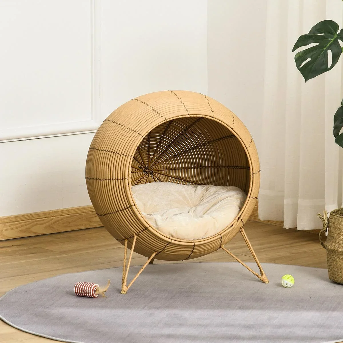 Rattan Katzenhöhle Katzenhaus mit Kissen und erhöhten Füßen PE-Rattan Hellbraun Ø52 x 58 cm - 2