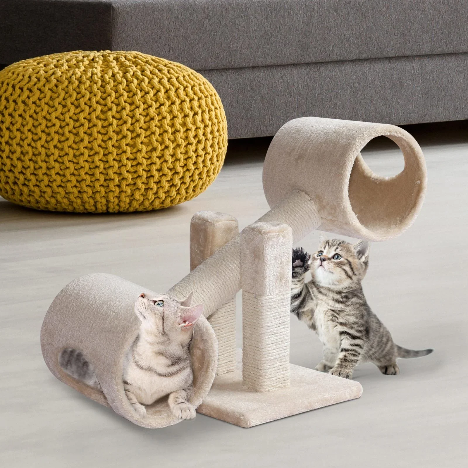 Kratzbaum Katzenbaum Spielbaum Wippe 2 Tunnel mit Loch Beige L67 x B30 x H26 cm - 2