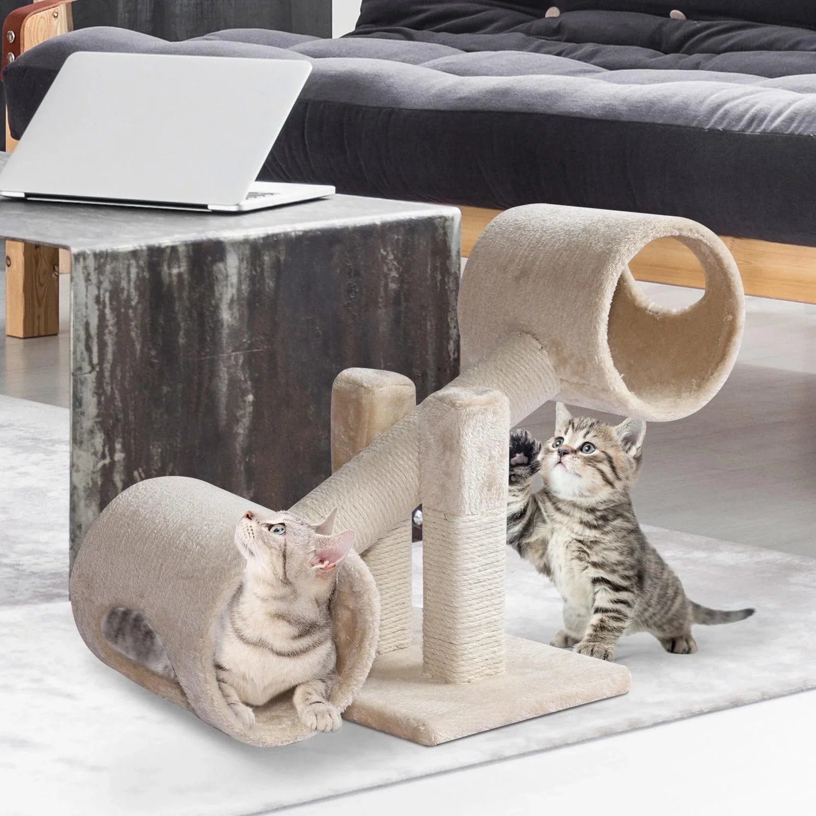 Kratzbaum Katzenbaum Spielbaum Wippe 2 Tunnel mit Loch Beige L67 x B30 x H26 cm - 3