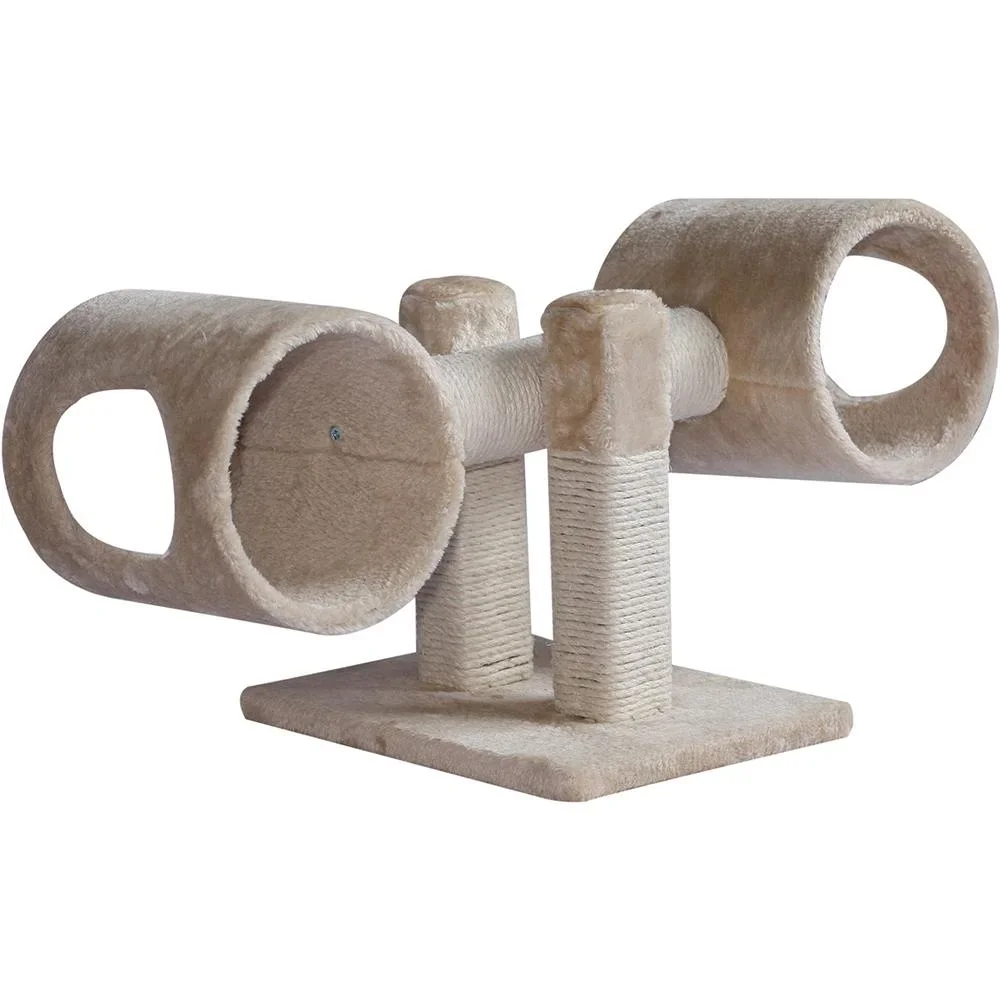 Kratzbaum Katzenbaum Spielbaum Wippe 2 Tunnel mit Loch Beige L67 x B30 x H26 cm - 5