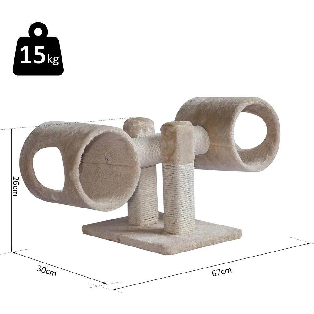 Kratzbaum Katzenbaum Spielbaum Wippe 2 Tunnel mit Loch Beige L67 x B30 x H26 cm - 8
