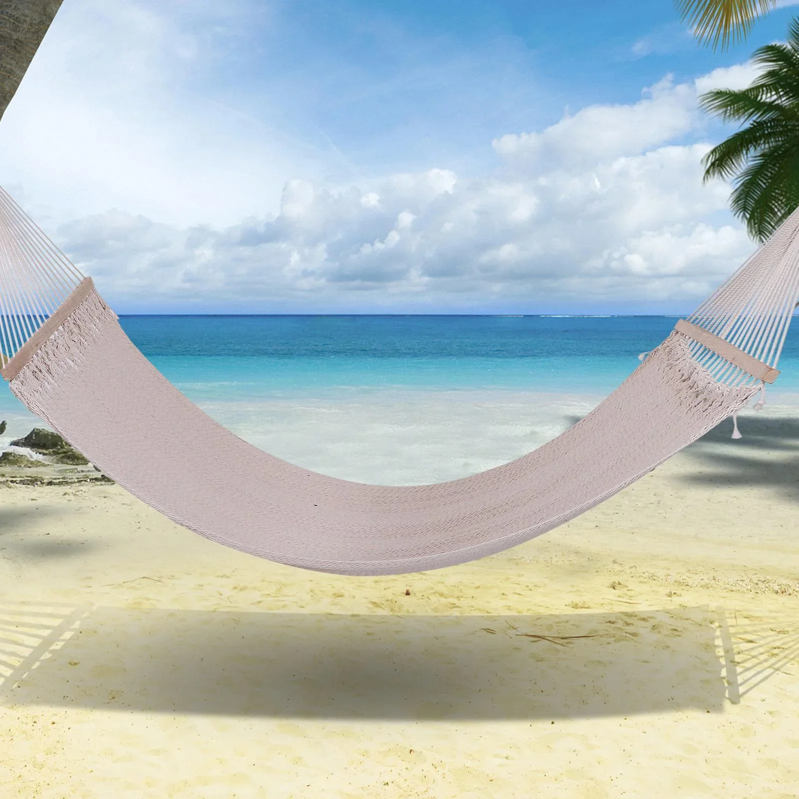 Stabhängematte Doppel Hängematte wetterfest UV-beständig 2,1 x 1,5 m bis 200 kg Polyester Cremeweiß - 6