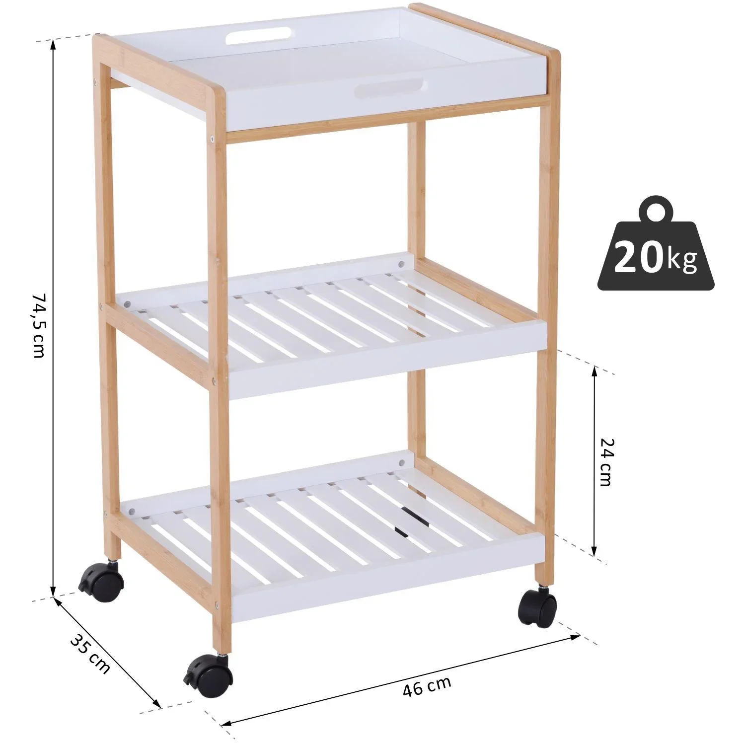 Küchenwagen rollbar Servierwagen Küchentrolley abnehmbare Topplatte 46 x 35 x 74,5 cm - 2
