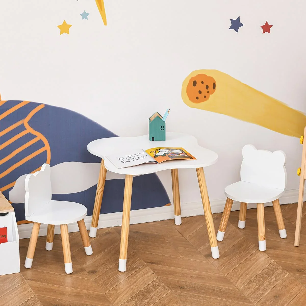 3-teiliges Kindertisch-Set bogenförmige Kindersitzgruppe Tisch mit 2 Stühlen MDF Tischbeine aus Kiefernholz Weiß+Naturho - 1