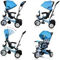 Kinderfahrrad/Dreirädchen - Blau- Schiebestange, klappbare Fußstütze, Korb - 0