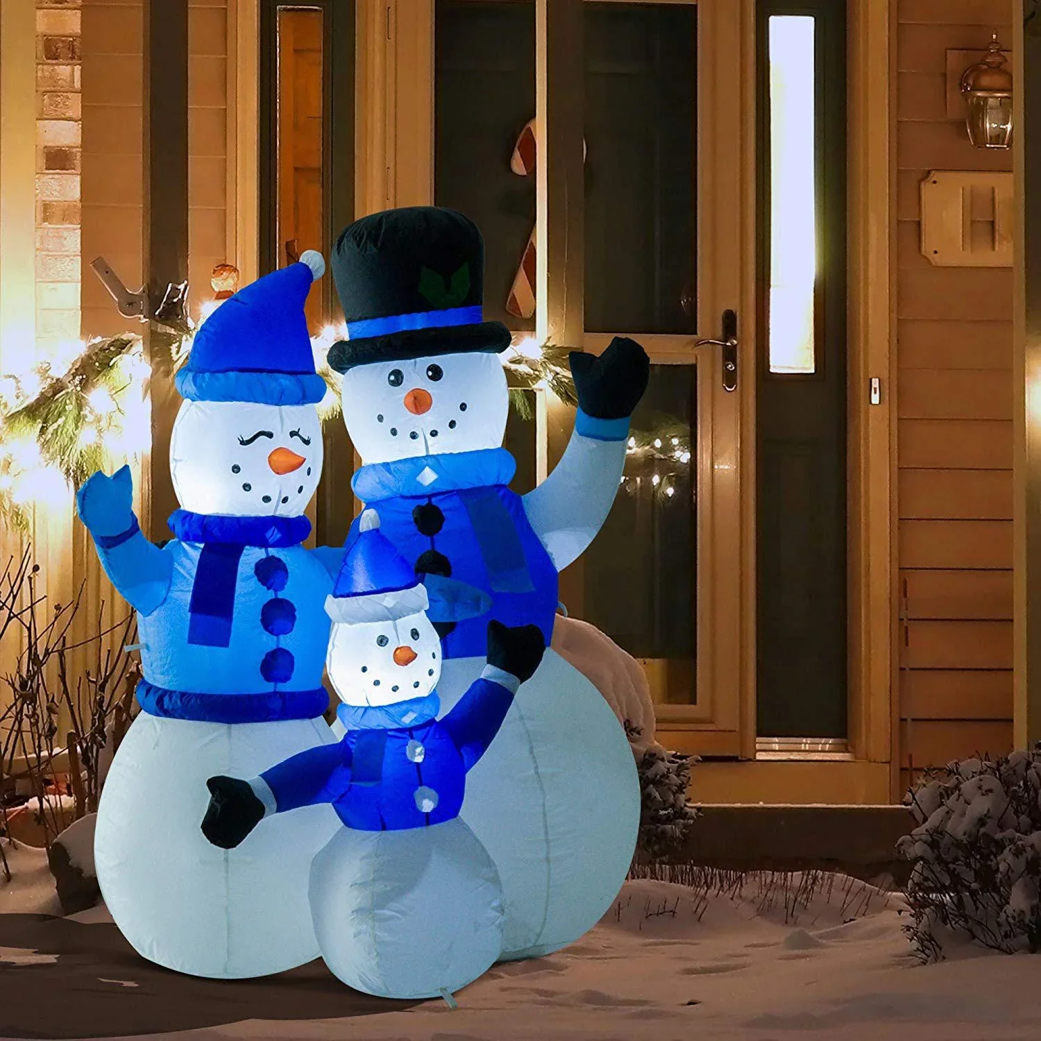 Schneemann Familie Selbstaufblasbare Weihnachtsdeko LED Blau - 0