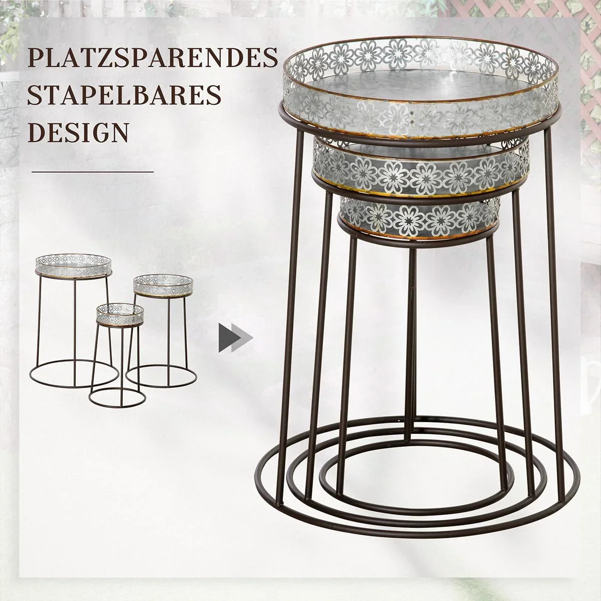 Blumenständer 3er Set aus Metall für Blumentopf Stapelbar Kaffee+Silber - 1