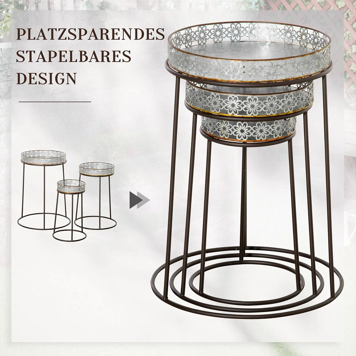 Blumenständer 3er Set aus Metall für Blumentopf Stapelbar Kaffee+Silber - 1