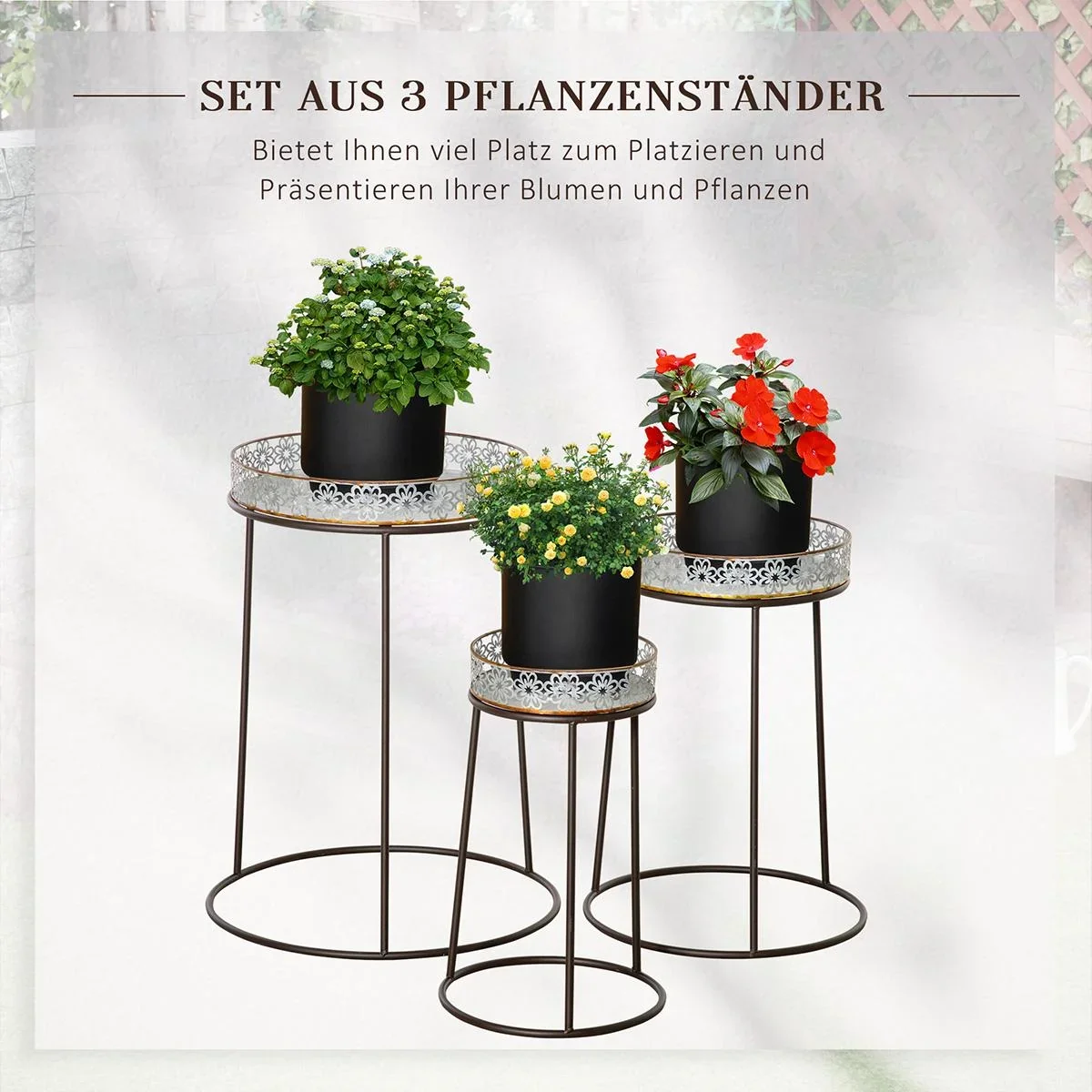Blumenständer 3er Set aus Metall für Blumentopf Stapelbar Kaffee+Silber - 3
