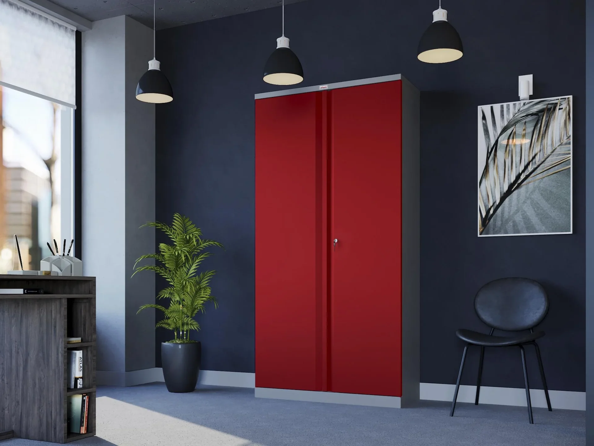 Aufbewahrungsschrank SCL-Serie aus Stahl mit 2 Türen und 4 Einlegeböden mit Schlüsselschloss, grau-rot - 2