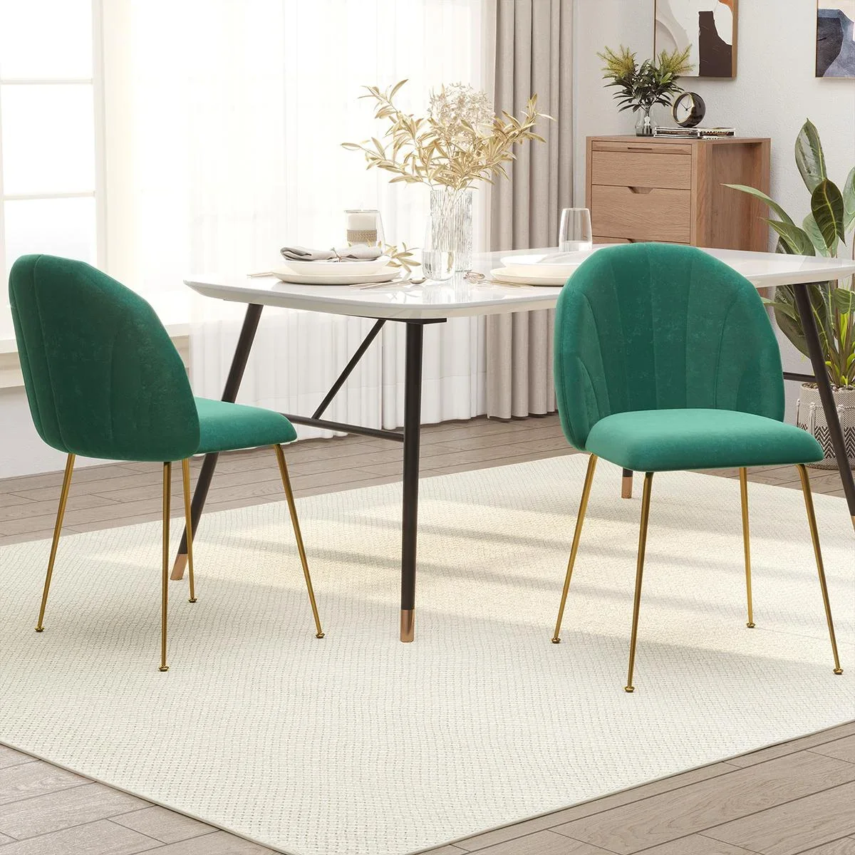 2er-Set Küchenstühle Esszimmerstühle mit Rückenlehne Polyester-Gewebe Metallbeine Grün+Gold 52 x 52 x 81 cm - 0