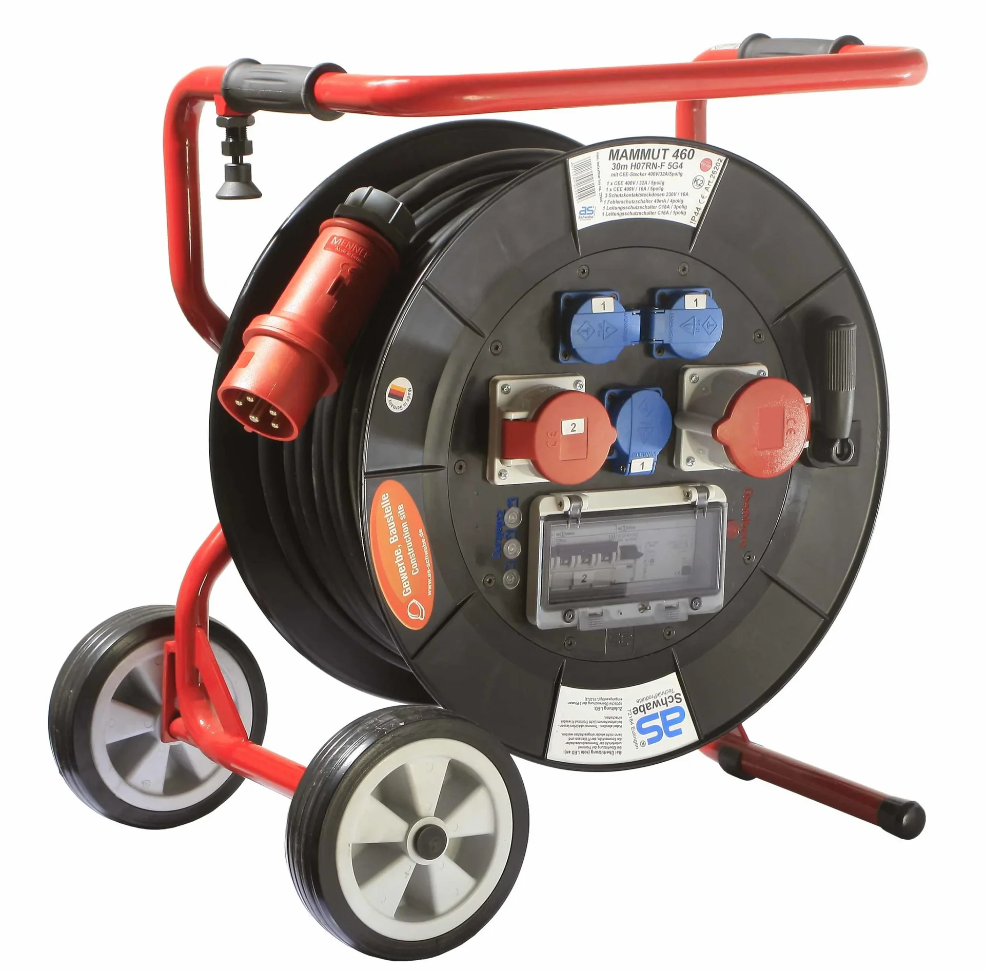 Profi-Trommel Mammut 460 Version 3, 30m, 3 Steckdosen 230V, 1+1-CEE Steckdosen, mit klappbarem Fußgestell - 0