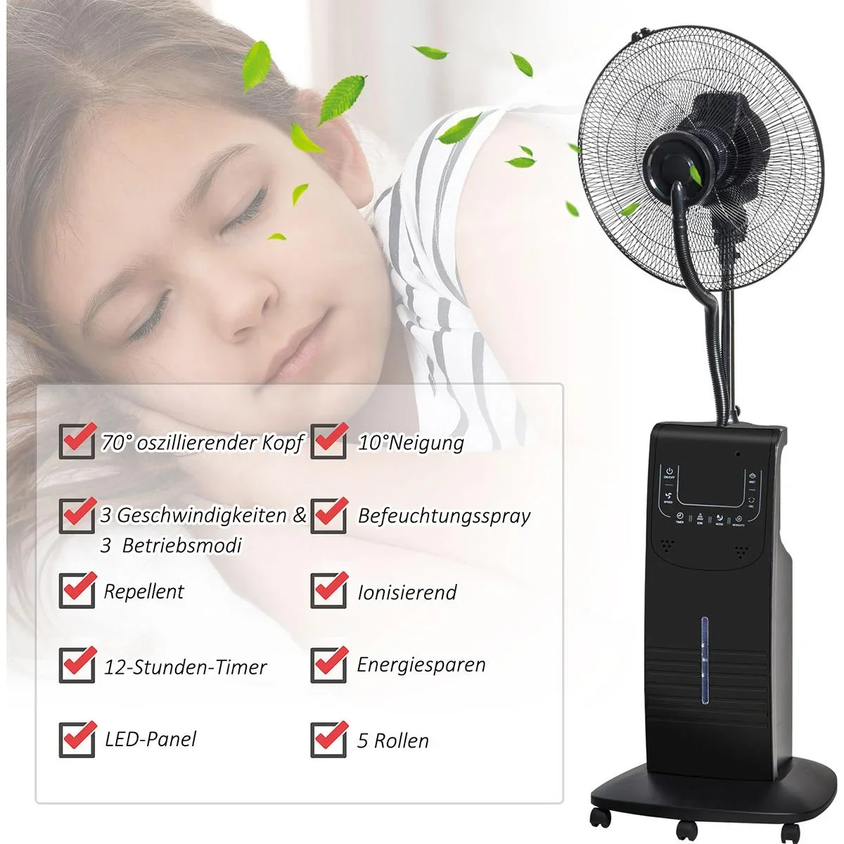 Nebel-Standventilator mit 3 Modi schwarz - 2