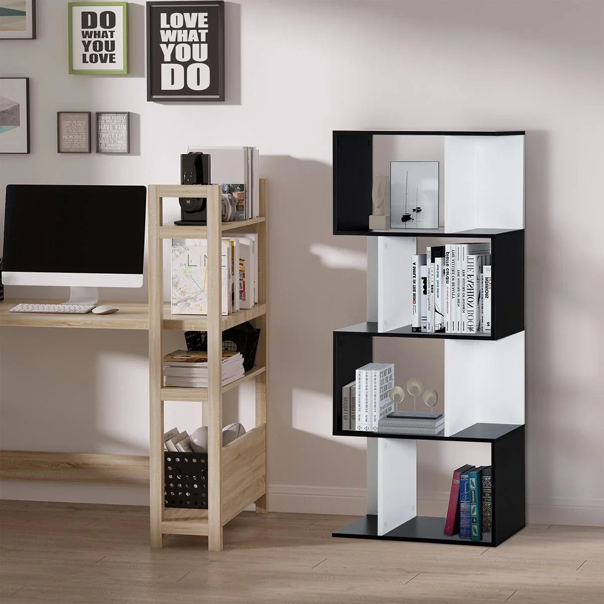Bücherregal S-förmiges Standregal Lagerregal 4-stufige Vitrine mit Hardware-Schnalle moderner Raumteiler Spanplatte Sch - 0