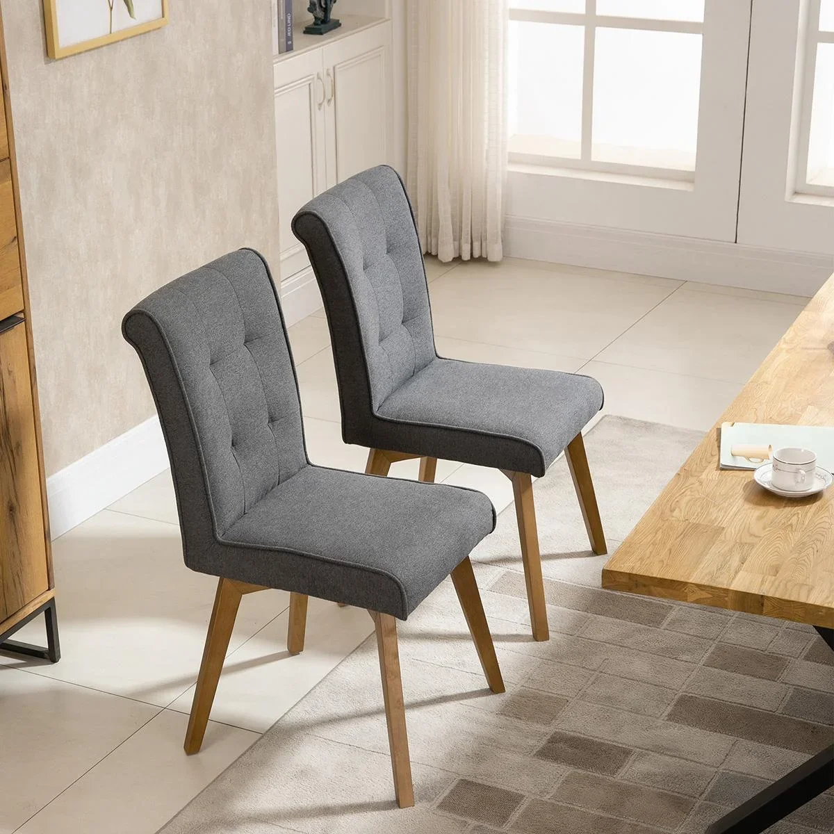 Esszimmerstühle 2er-Set mit Rückenlehne Leinen-Polyester-Gewebe Schaumstoff Gummiholz Grau 45 x 61,5 x 94 cm - 2