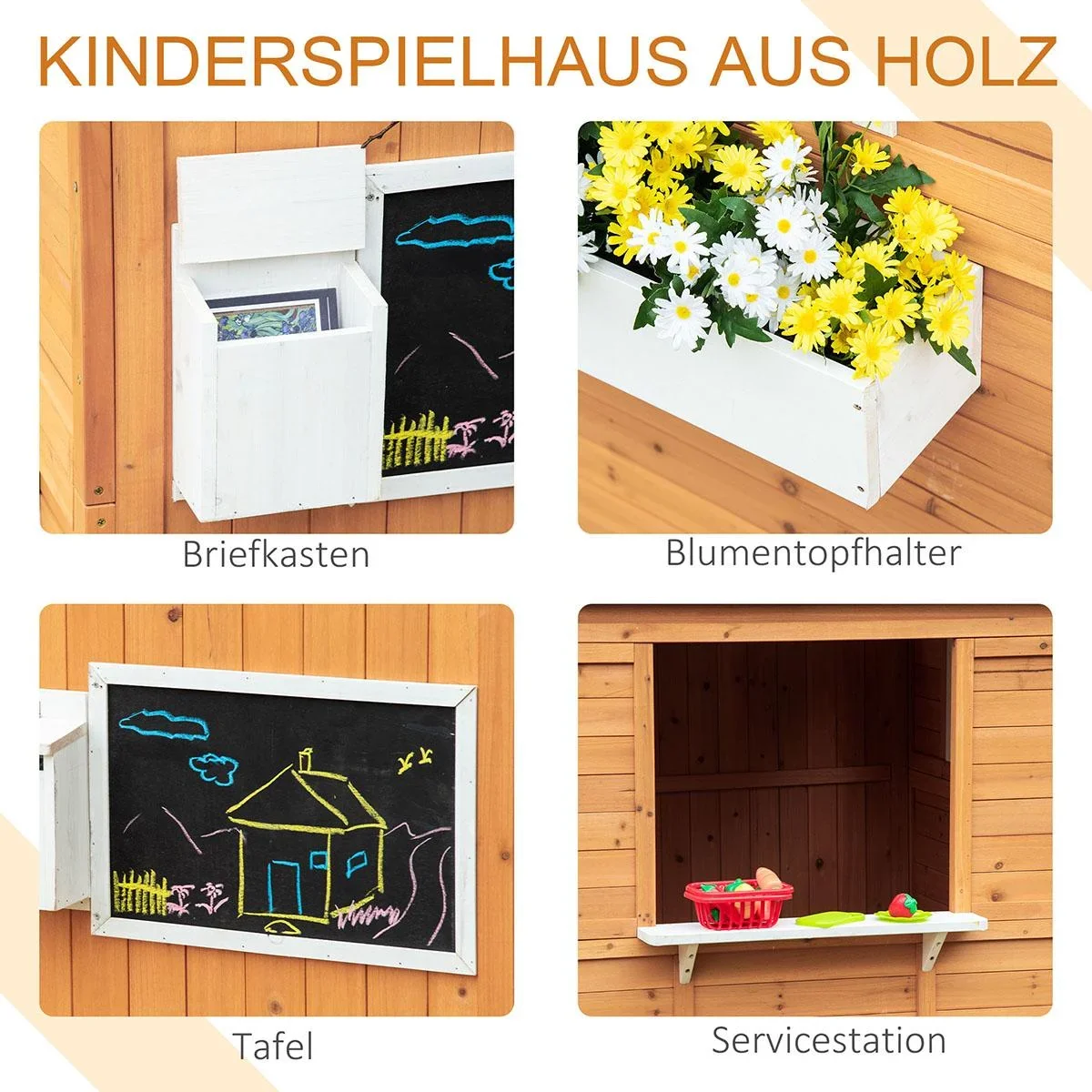 Spielhaus für Kinder Holz mit Fenster Briefkasten mit Blumentopfrack für 3-8 Jahre Tannenholz Gelb 122 x 108 x 135,5 cm - 0