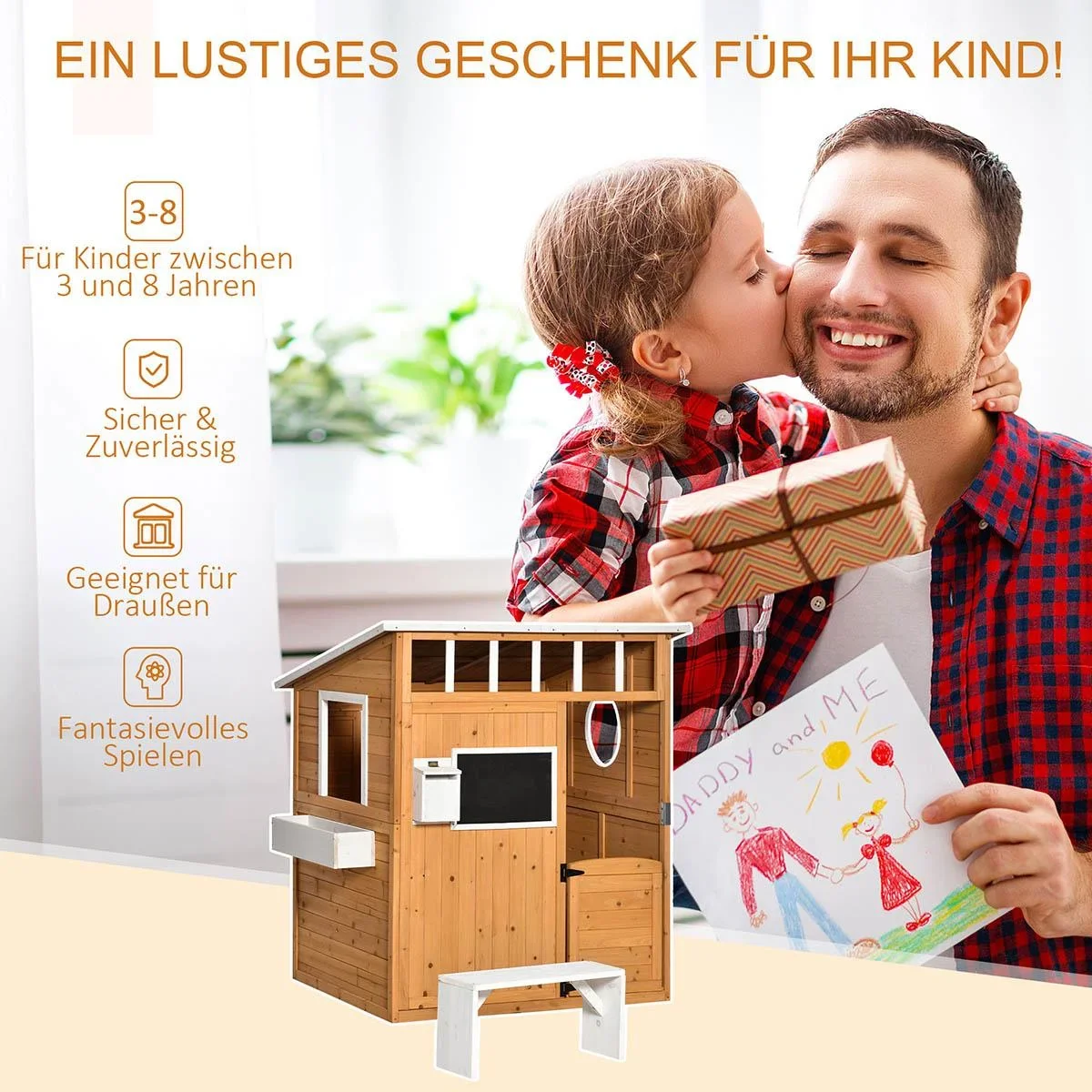Spielhaus für Kinder Holz mit Fenster Briefkasten mit Blumentopfrack für 3-8 Jahre Tannenholz Gelb 122 x 108 x 135,5 cm - 2