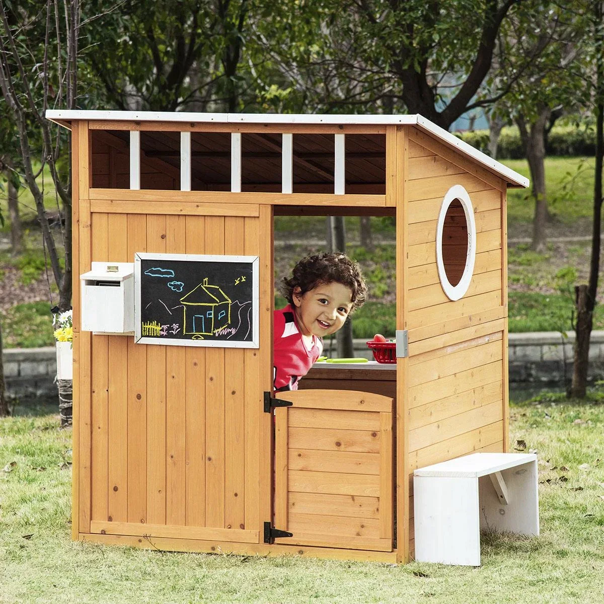 Spielhaus für Kinder Holz mit Fenster Briefkasten mit Blumentopfrack für 3-8 Jahre Tannenholz Gelb 122 x 108 x 135,5 cm - 3
