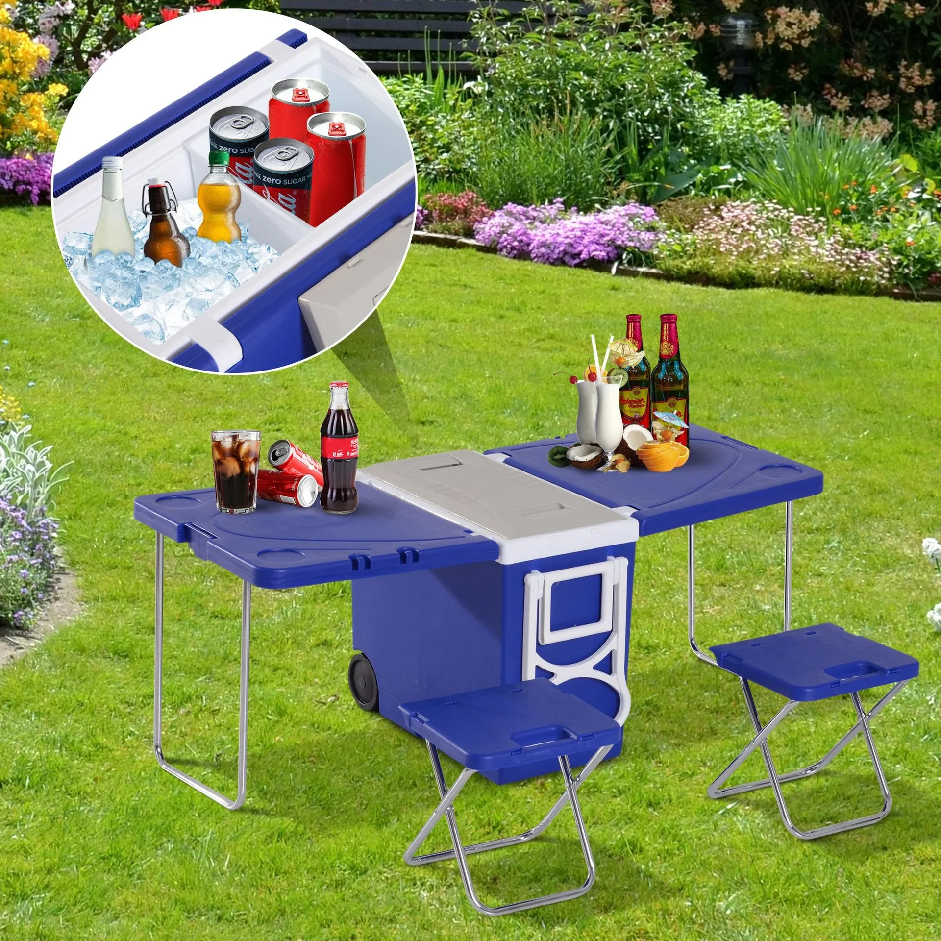 Kühlbox mit Rollen 28L tragbar Camping 3-in-1-Set mit 1 Seitentisch + 2 Hocker klappbar - 0