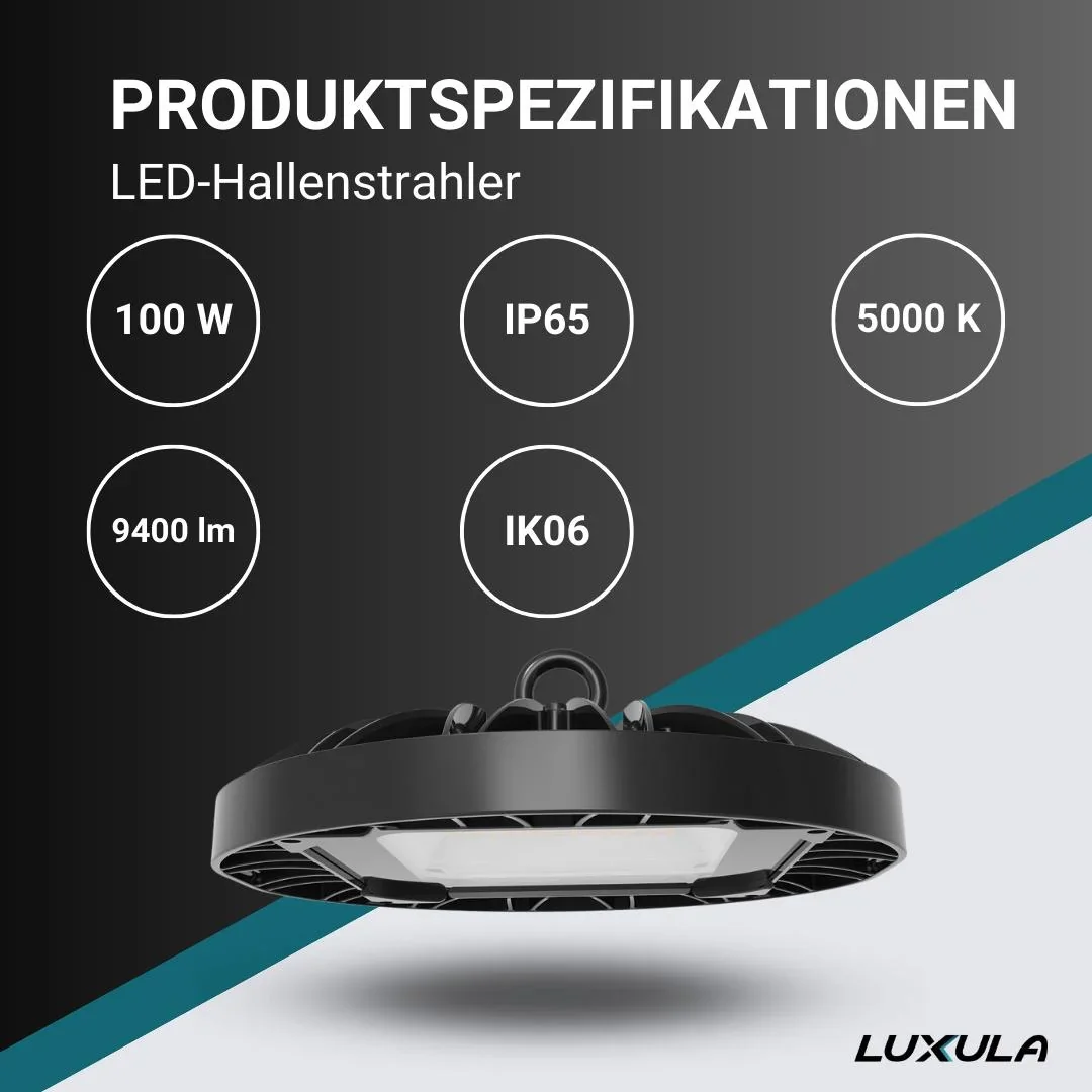 LED-HighBay in UFO-Form bietet 100 W, 9400 lm, 5000 K (neutralweiß) und IP65 Schutz. - 2
