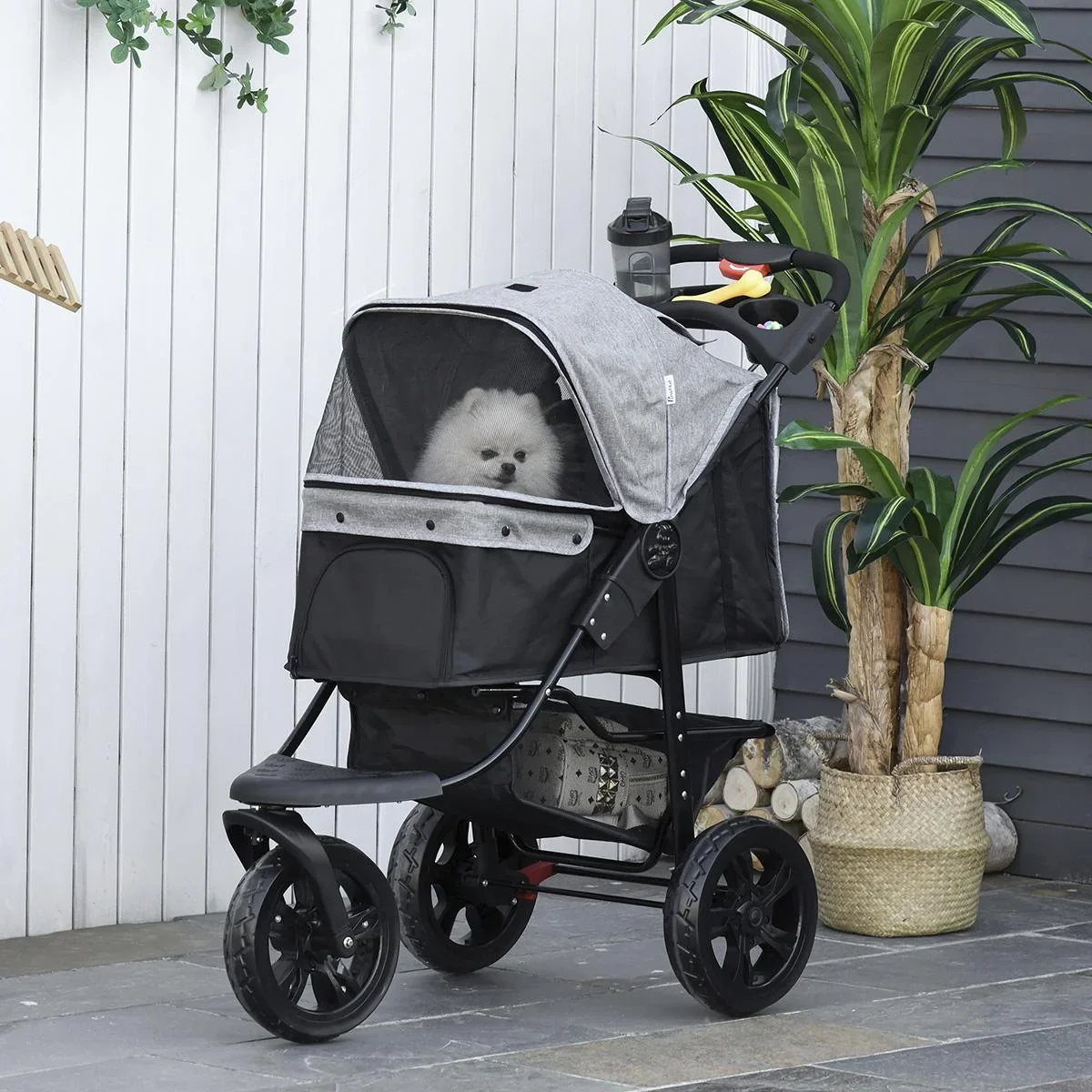 Hundewagen Hundebuggy Katzenbuggy Pet Stroller mit 3 Rädern klappbar Hunde Katze Oxford Grau+Schwarz 109,5 x 57,5 x 106, - 1