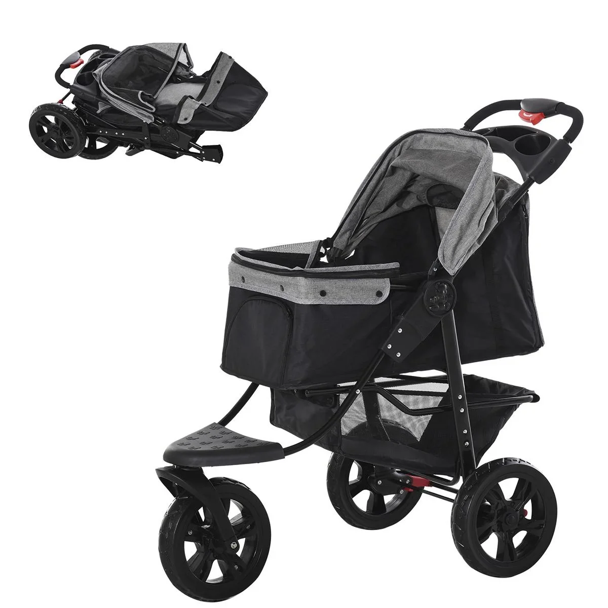 Hundewagen Hundebuggy Katzenbuggy Pet Stroller mit 3 Rädern klappbar Hunde Katze Oxford Grau+Schwarz 109,5 x 57,5 x 106, - 2