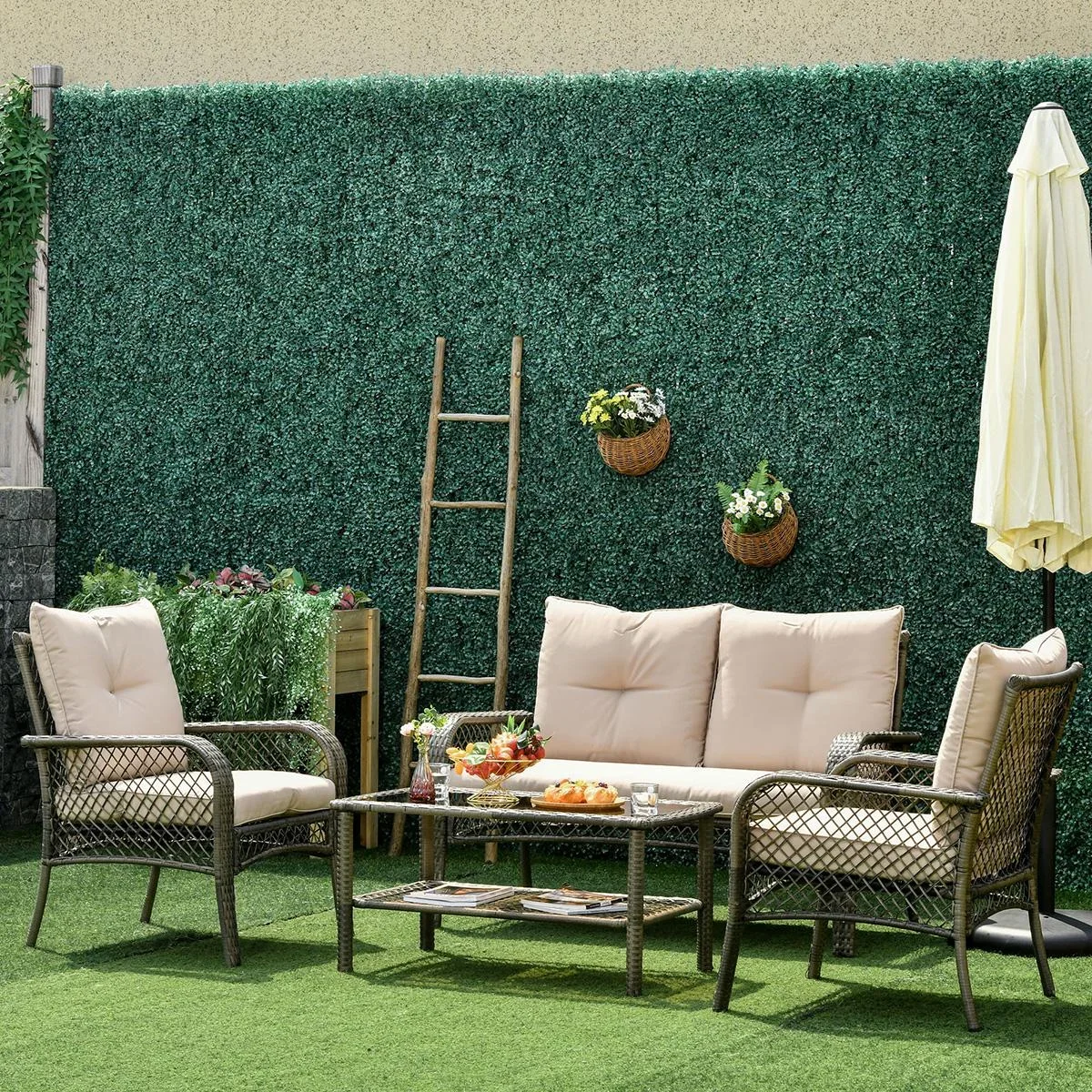4-tlg. Gartensitzgruppe mit Beistelltisch Kissen Rattan Gartenset Polyrattan Metall Grau 136 x 79 x 88 cm - 0