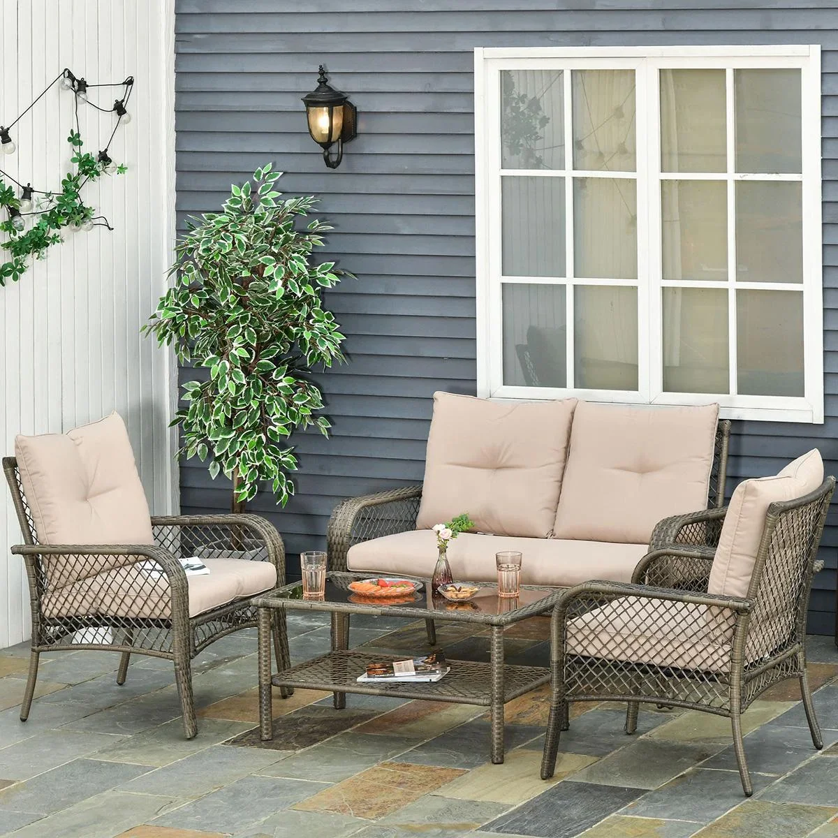 4-tlg. Gartensitzgruppe mit Beistelltisch Kissen Rattan Gartenset Polyrattan Metall Grau 136 x 79 x 88 cm - 2