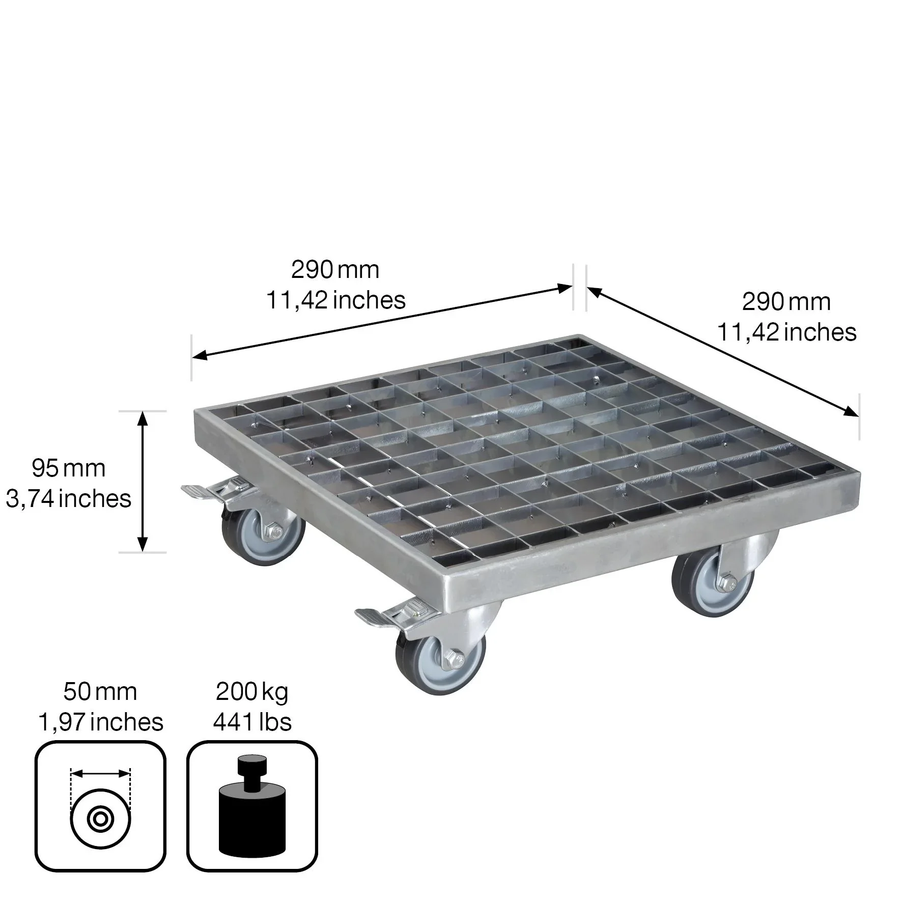 Multi Roller MR 7015, 29 x 29 x 9,5 cm, softe Rollen Ø 50 mm, Rollenlager, 2 Bremsen, Gitterrost, Tragkraft 200 kg - 3