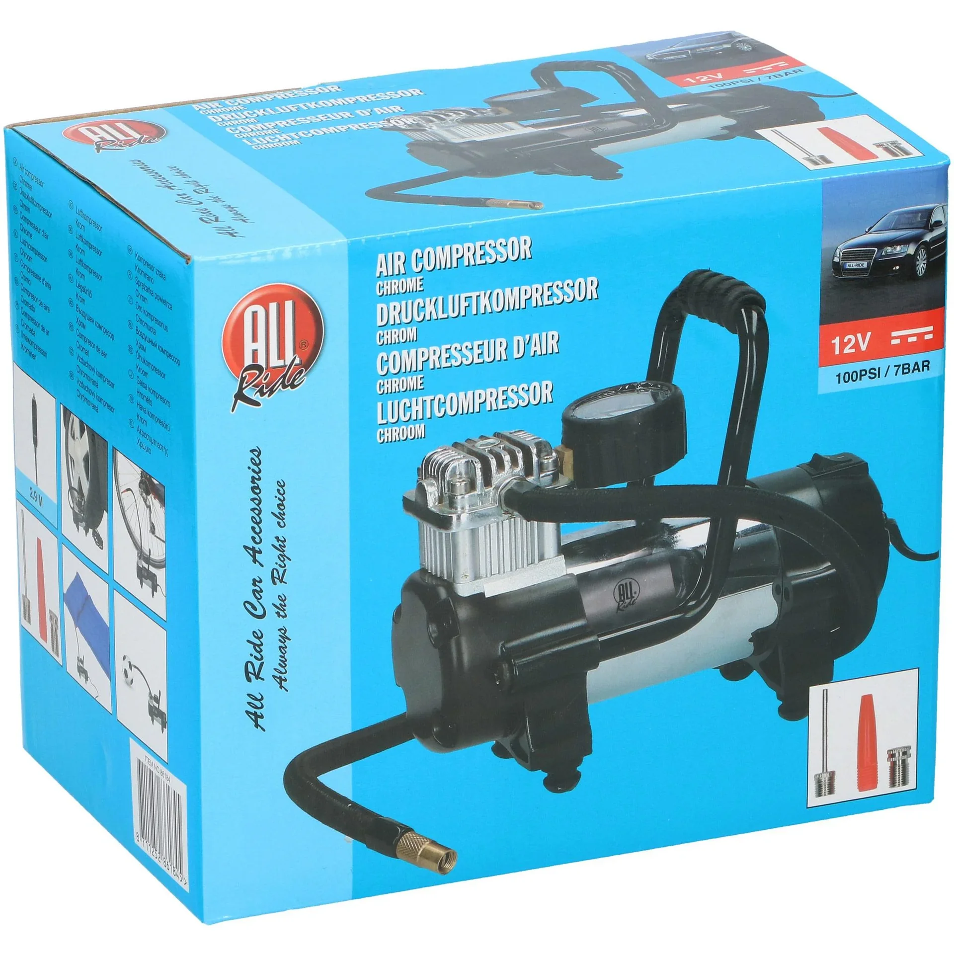 Luftkompressor - 100 PSI - 7 Bar - 12V inkl. Zubehör - 0