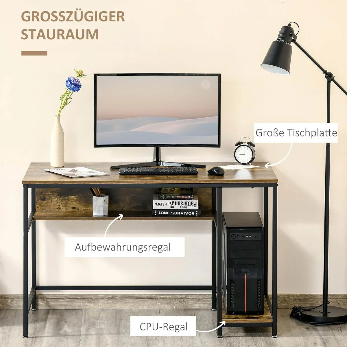 Computertisch Schreibtisch Bürotisch Home Office Arbeitstisch mit Ablagen Industrieller Stil Rustikal-Braun Metall 120 x - 1