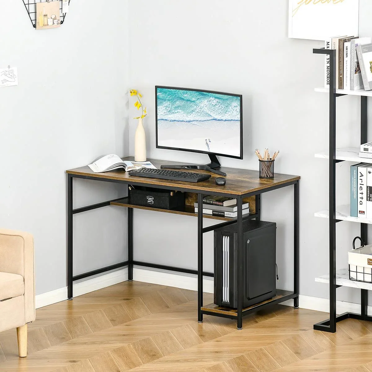 Computertisch Schreibtisch Bürotisch Home Office Arbeitstisch mit Ablagen Industrieller Stil Rustikal-Braun Metall 120 x - 3