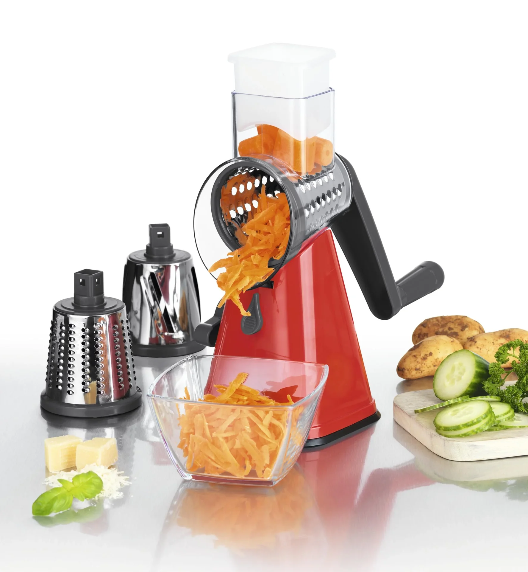 Gemüsereibe, Trommelreibe, 6-teilig, Rot/ Grau - 2