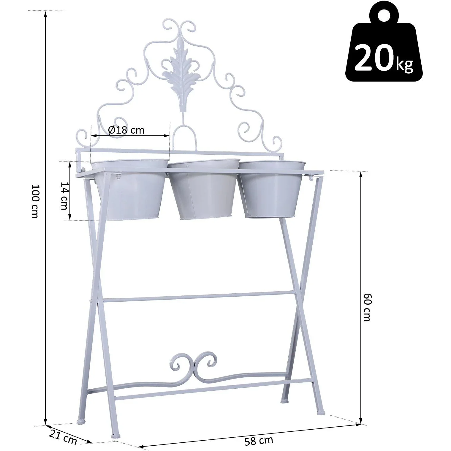 Pflanzregal Pflanzenständer Blumenregal Blumenständer mit 3 Kasten Metall Weiß 58 x 21 x 100 cm - 2