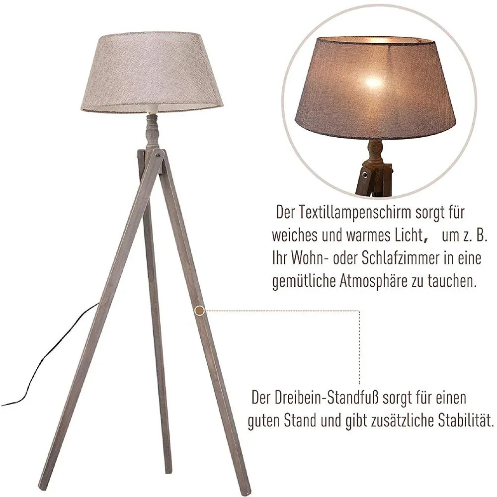 Stehlampe Stehleuchte Tripod Skandinavisch 40W Holz + Leinen beige 52 x 52 x 146 cm - 1