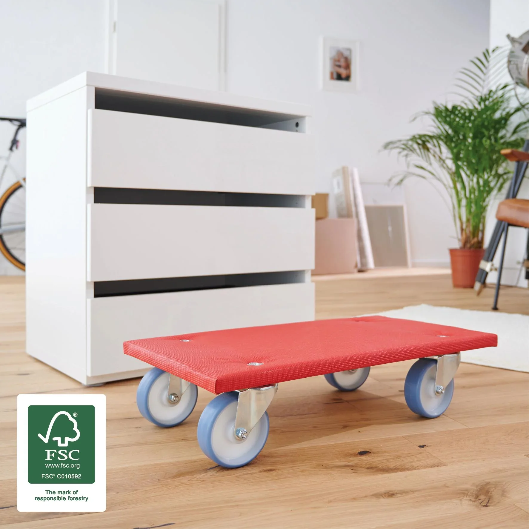 Transporthilfe MM 1396, 57,5 x 30 x 14 cm, softe Rollen Ø 100 mm, Rollenlager, Platte FSC® bezogen, Tragkraft 400 kg - 4