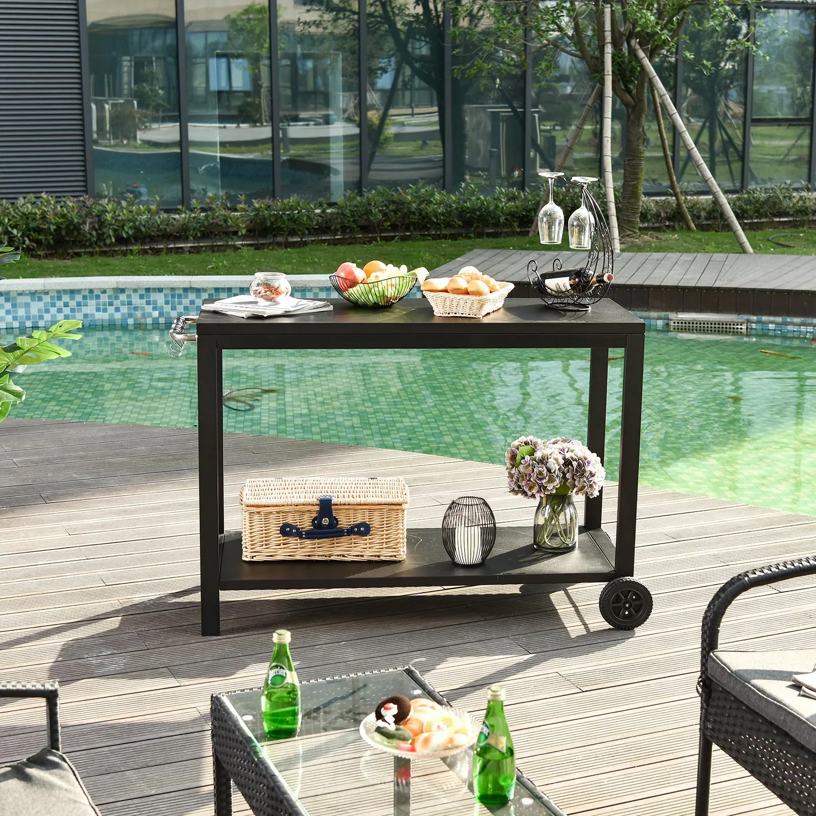 Edelstahlküchenwagen mit Rollen, schwarz - 5