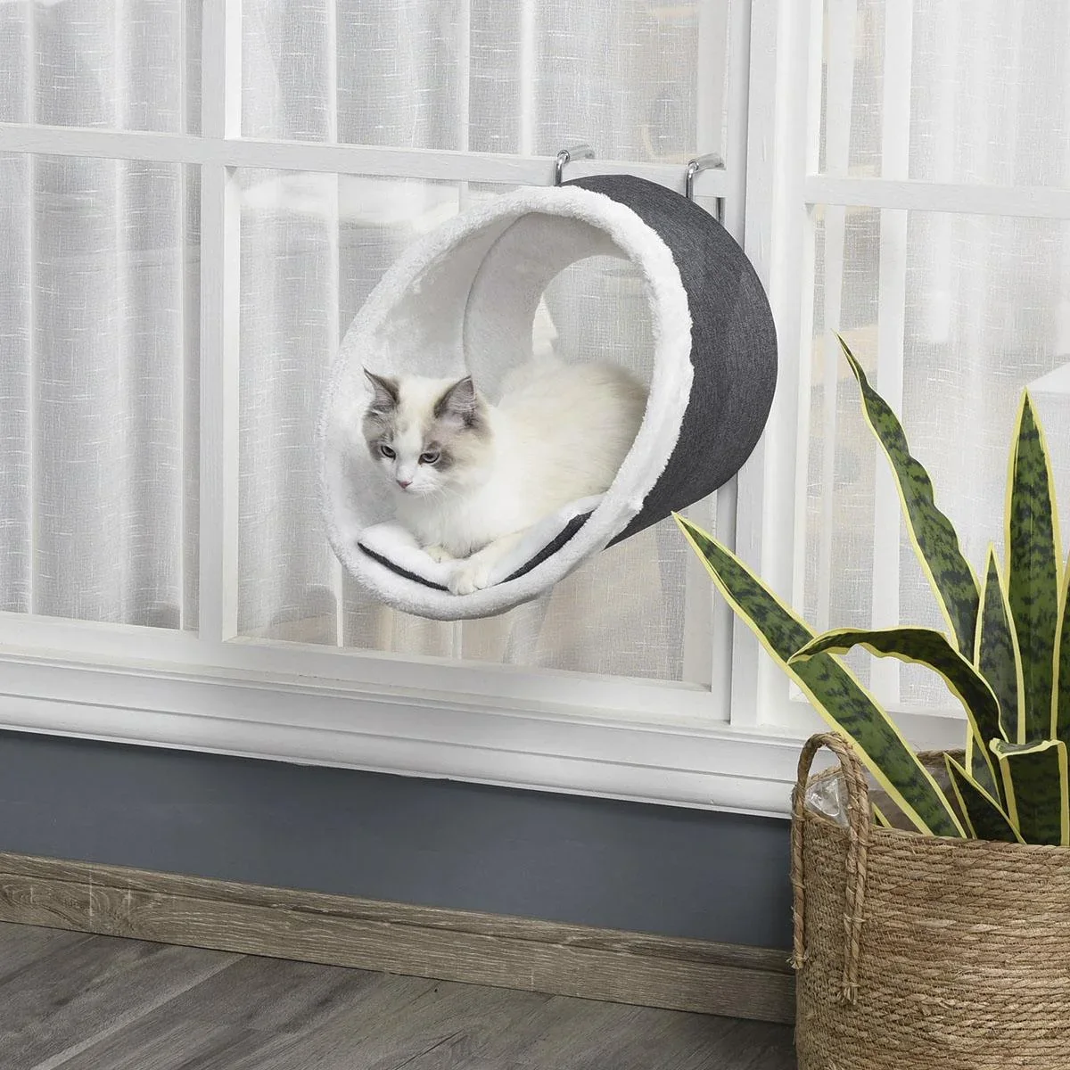 Katzen Hängehöhle für Heizkörper Fensterplatz Katzenhöhle Katzenbett Haken verstellbar hängendes Design Dunkelgrau+Weiß - 0