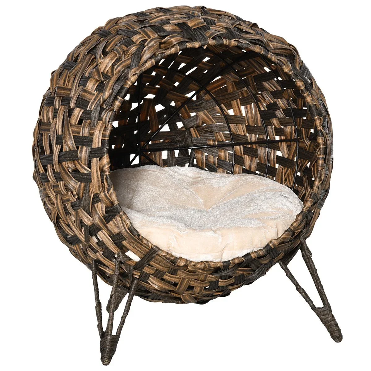Katzenhaus aus Rattan mit Kissen Katzenshclafplatz Katzenhöhle mit erhöhten Füßen Braun Ø52 x 58 cm - 0