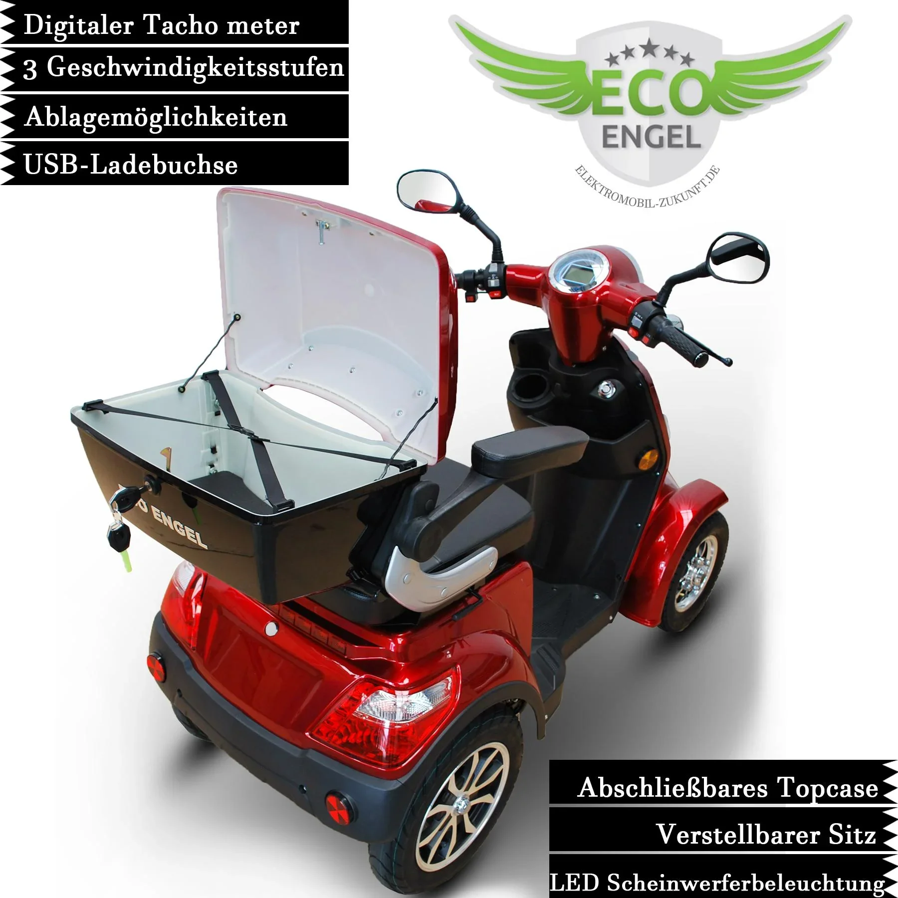 E-Scooter 4 Räder rot - 20 Ah Li-Io Akku - 25 km/h - Seniorenmobil - 5