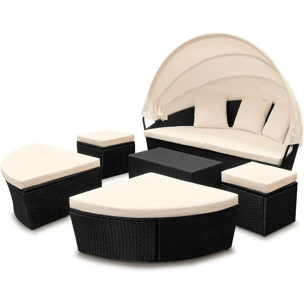 Polyrattan-Sonneninsel oval 226cm schwarz mit Sonnendach - 2