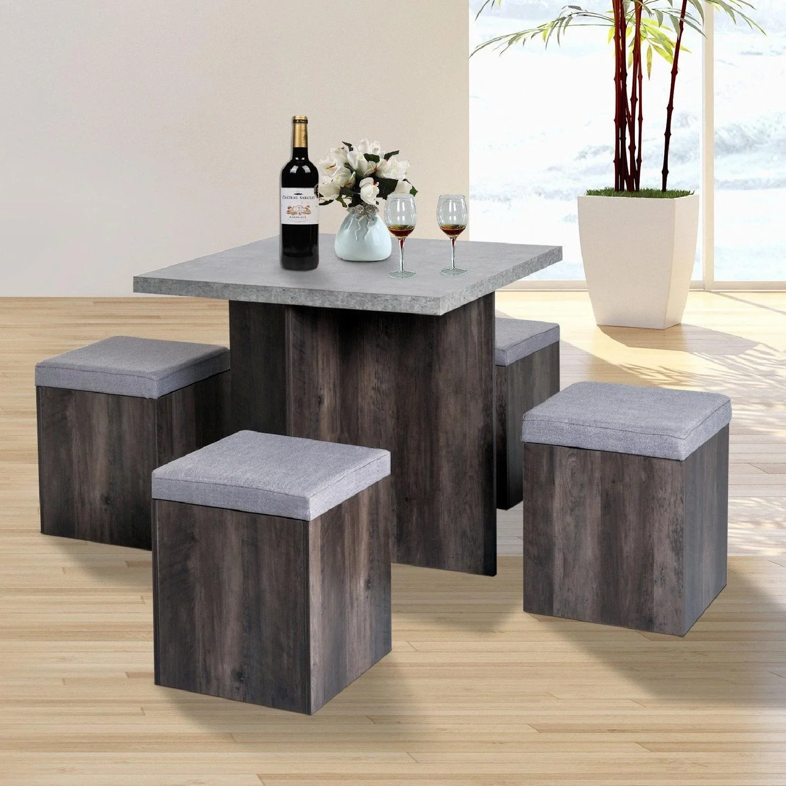 Essgruppe Esstisch Set mit 4 Hockern Grau 80x80cm - 4