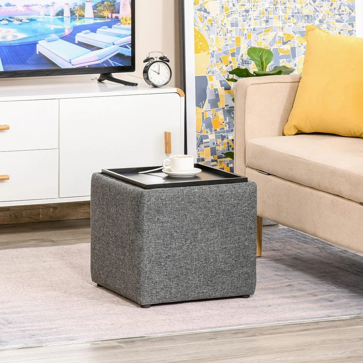 Sitzhocker mit Stauraum, Fußhocker, Polsterhocker, Aufbewahrungsbox, Deckel Abnehmbar, Leinen, Dunkelgrau, 42 x 42 x 41 - 1